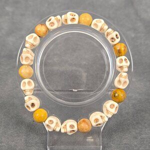 Gothic Halloween Skull Stretch Bracelet White Howlite Turquoise Crazy Lace Agate